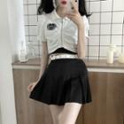 Short-sleeve Shirred Polo Shirt / Camisole Top / Pleated A-line Skirt / Badge / Set