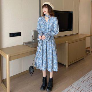 Floral Long Sleeve V-neck Dress Blue - One Size