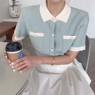 Two-tone Collared Short-sleeve Cardigan