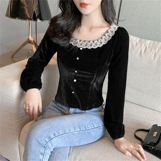 Long-sleeve Lace Collar Velvet Top