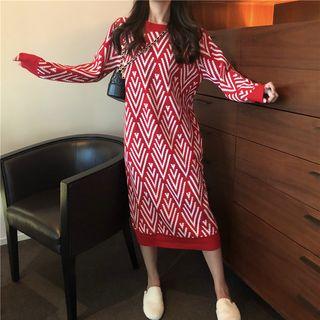 Patterned Midi Sweater Dress Sweater Dress - Red - One Size