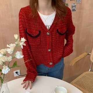 Long-sleeve Contrast Trim Single Breasted Cardigan Red - One Size