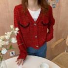 Long-sleeve Contrast Trim Single Breasted Cardigan Red - One Size