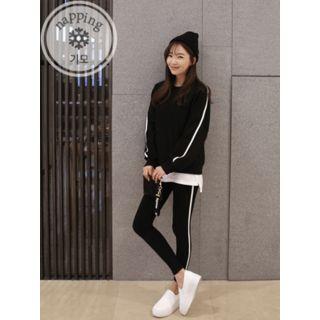 Set: Contrast-trim Brushed Fleece-lined Sweatshirt + Sweatpants