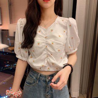 Ruched Floral Puff-sleeve Cropped Blouse