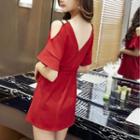 Short-sleeve V-neck Mini A-line Dress Red - One Size
