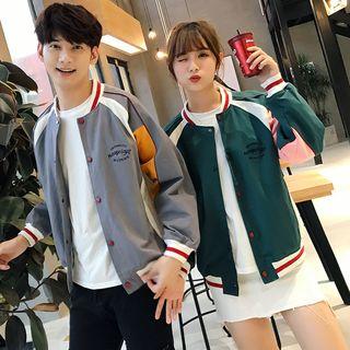 Couple Matching Lettering Color Block Baseball Jacket