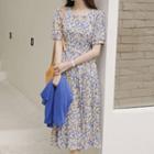 Square-neck Pleated Long Floral Dress