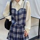 Mock Two-piece Plaid Panel Blouse / Pleated Mini A-line Skirt