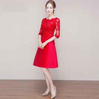 Elbow-sleeve Lace A-line Midi Evening Dress