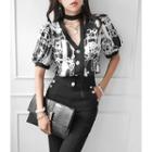 Print Chiffon Cardigan With Scarf Black - One Size