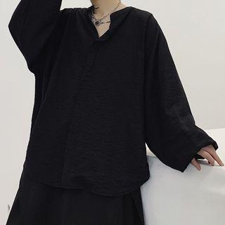Split-neck Long-sleeve Oversize T-shirt