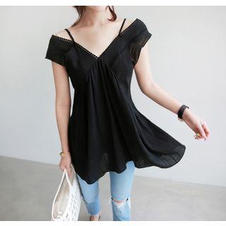 Off-shoulder Short-sleeve Lace-trim A-line Top