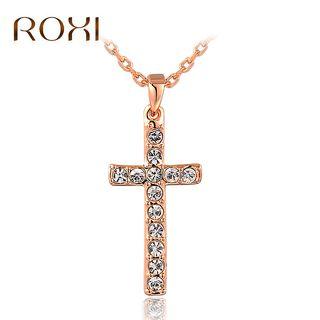 Rhinestone Cross Pendant Necklace Rose Gold - One Size
