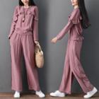 Set: Long-sleeve Frill-trim Top + Wide-leg Pants