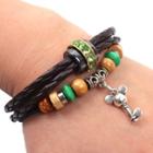 Key & Bead Layered Leather Bracelet Coffee - One Size
