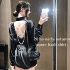 Open-back Pearl-accent Loose Satin Shirt
