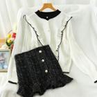 Set: Contrast Trim Ruffled Knit Top + Mini Pencil Tweed Skirt