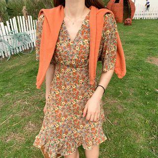 Floral Print Short-sleeve Asymmetric Hem Mini A-line Dress