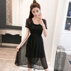 Set: Plain Slipdress + V-neck Tie Waist Short-sleeve A-line Dress