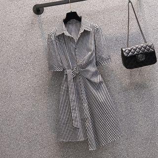 Short-sleeve Plaid Asymmetrical Shirt Dress