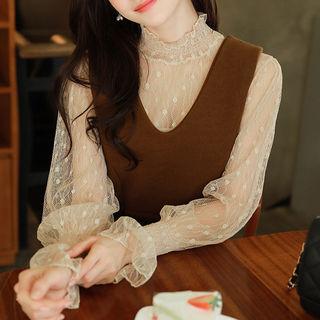 Smocked-neck Dotted See-through Top