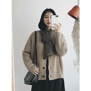 Buttoned Round-neck Rib-knit Cardigan