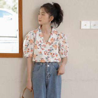 Elbow-sleeve Collared Flower Print Blouse
