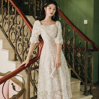Puff Elbow-sleeve Midi A-line Dress