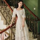 Puff Elbow-sleeve Midi A-line Dress