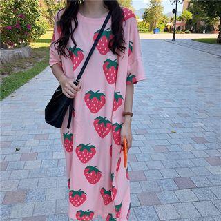 Strawberry Print Elbow-sleeve Midi T-shirt Dress Pink - One Size