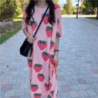 Strawberry Print Elbow-sleeve Midi T-shirt Dress Pink - One Size