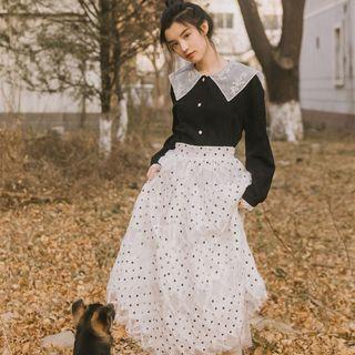 Set: Long-sleeve Blouse + Midi A-line Skirt