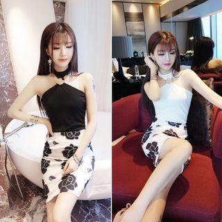 Set : Halter Top + Floral Print Mini Skirt