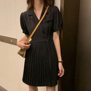 Short-sleeve Accordion-pleat Mini Wrap Dress