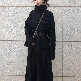 Turtleneck Midi Rib-knit Sweater Dress Black - One Size