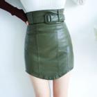 Faux Leather Belted Mini Pencil Skirt