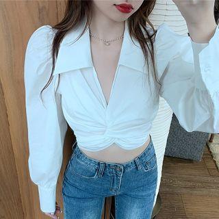 Long-sleeve Twist-front Cropped Blouse