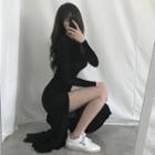 Long Sleeve Round Neck Slit Plain Dress