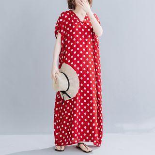Dotted Short-sleeve V-neck Maxi Shift Dress