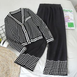 Set: Houndstooth Cardigan + Cropped Wide-leg Pants