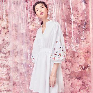 Floral Embroidered Lantern-sleeve V-neck A-line Dress