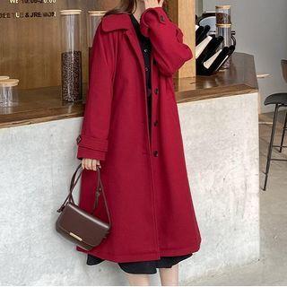 Button-up Long Coat / Long-sleeve Button-up Midi Dress / Set