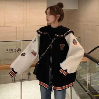 Sailor Collared Patch Embroidered Lambswool Zipped Jacket As Shown In Figure - One Size