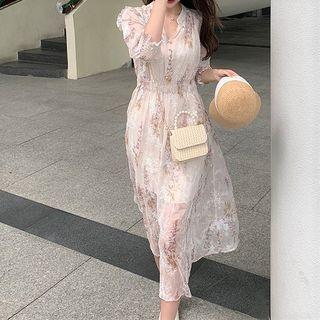 Set: Puff-sleeve Floral Print Ruffled Midi A-line Dress + Slipdress