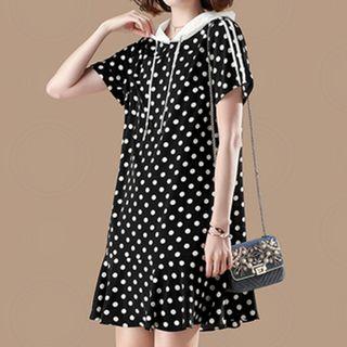 Short-sleeve Polka Dot Frill Trim Mini Hoodie Dress