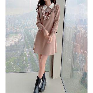 Long-sleeve Collared Knit Frill Trim Mini A-line Dress