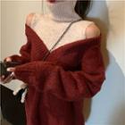 Mock-two Piece Turtle-neck Loose-fit Off-shoulder Long-sleeve Knit Sweater