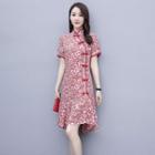 Floral Print Short-sleeve Ruffle Hem Qipao