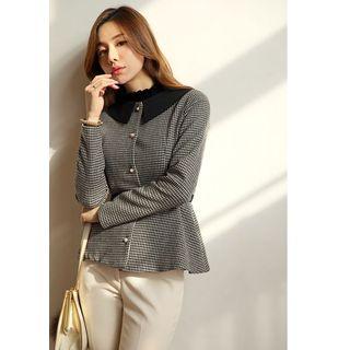 Contrast-collar Houndstooth Peplum Blouse Black - One Size